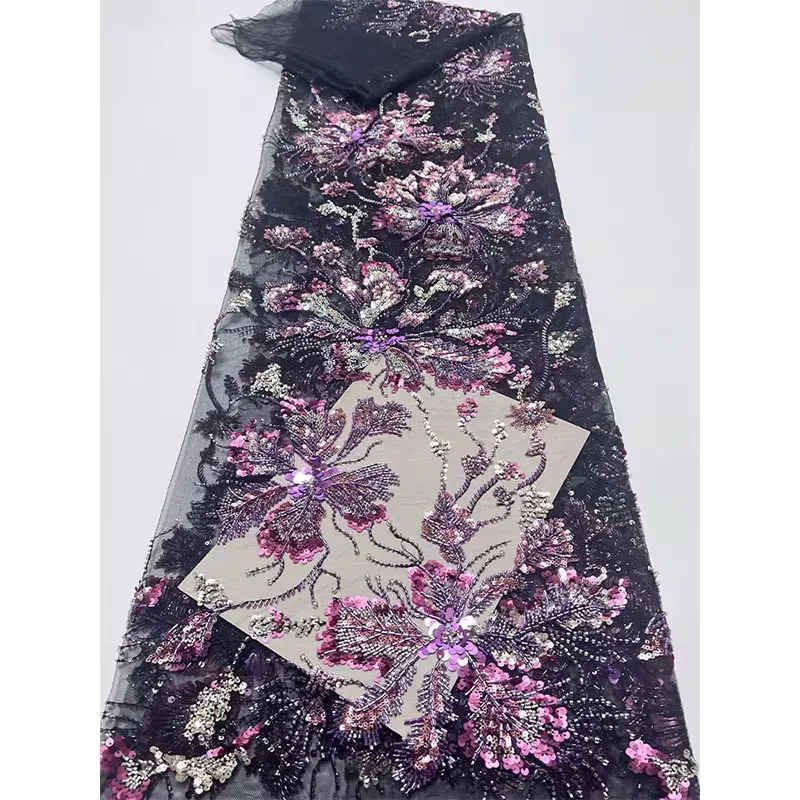 

2yard Luxury Flower shaped nail bead sequin embroidery tela Wedding Dress cheongsam diy sewing fabric New soft mesh fabric