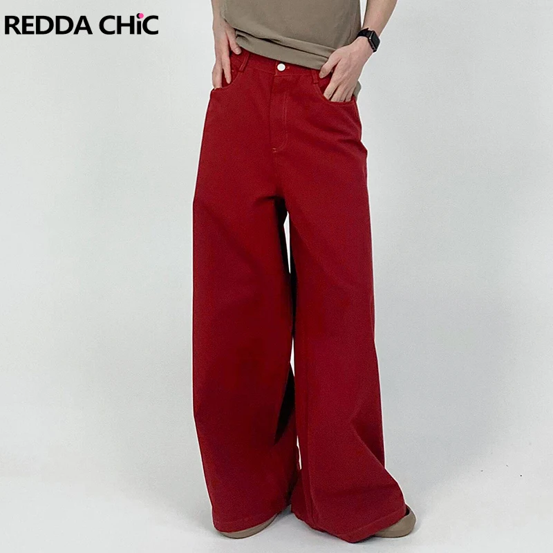 

REDDACHIC Vintage Red Solid Men Baggy Jeans Wash Low Waist Straight Trousers Loose Denim Wide Pants Cleanfit Work Casual Clothes
