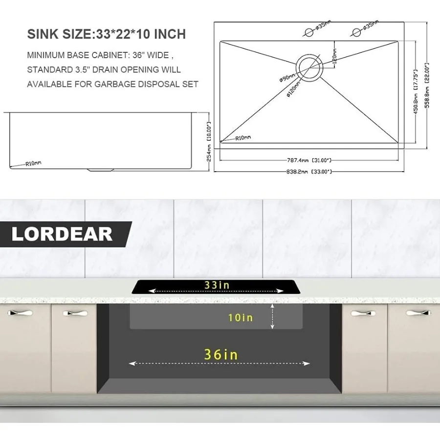 33 بوصة وعاء واحد حوض المطبخ قطرة في التثبيت مع تصميم أعلى جبل للمطابخ الحديثة 16 مقياس الفولاذ المقاوم للصدأ Constr #3