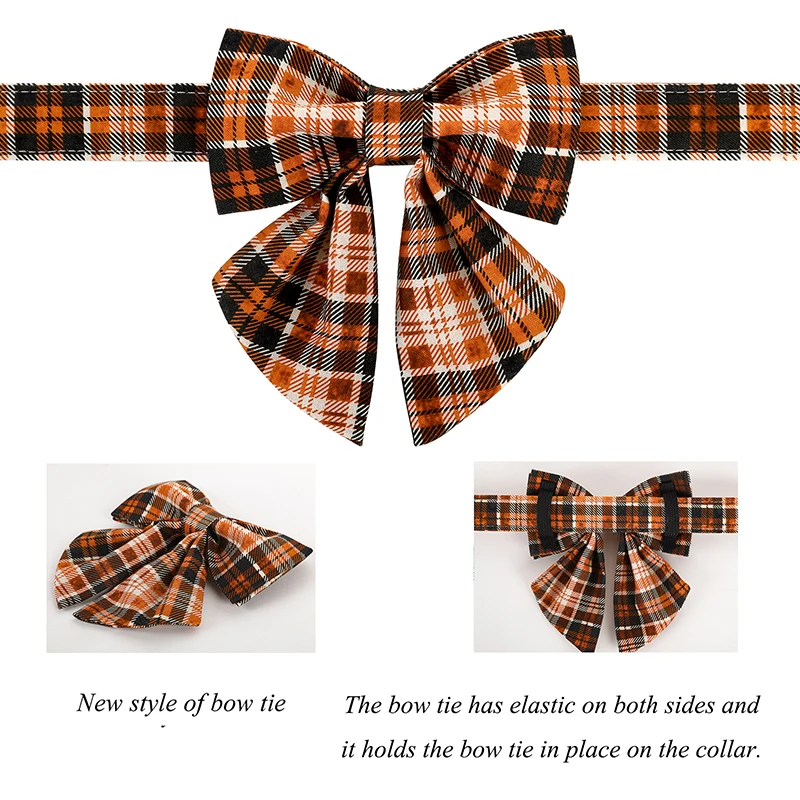 Personlized Unique Style Paws Fall Plaid Dog Collar with Bow Orange  Dog Collar and Flower Pet Dog Collar Large Medium Small Dog