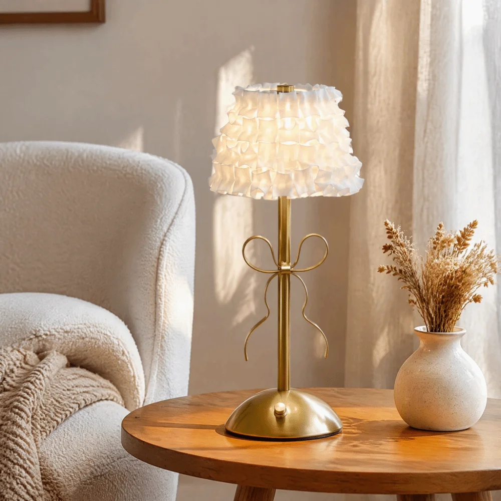 French Style Bow Table Lamp 3-color Changing Luxury Rechargeable Small Lamp Wireless Type-C Rechargeable