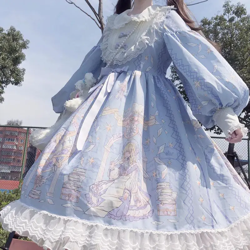 Japonês doce lolita vestido feminino kawaii vitoriano chá festa mangas compridas rendas gótico meninas lolita vestidos cosplay azul lolita