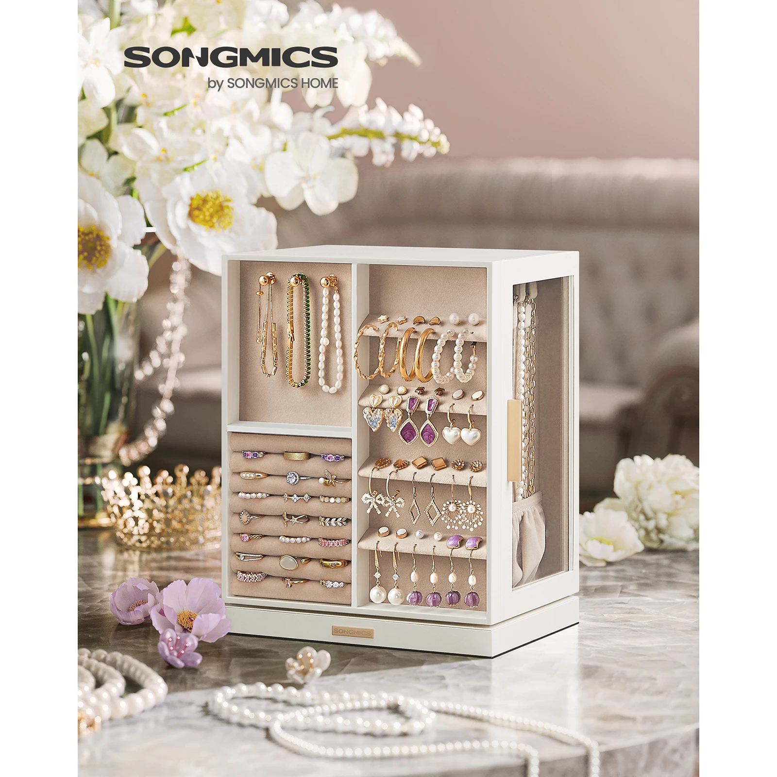 Boîte à Bijoux Rotative à 360°, Coffret à Bijoux avec 5 Tiroirs, Fenêtres en Verre Latérales, Grand, Rangement pour Accessoires, Design Ouvert