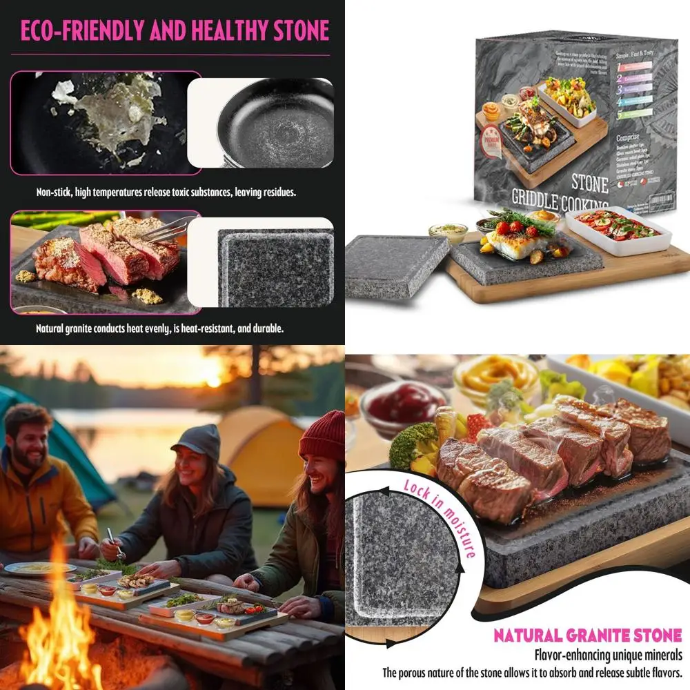 

Natural Granite Grill Stones Set - 2 Stones, Bamboo Tray, 3 Sauce Bowls for BBQ and Steak Grilling