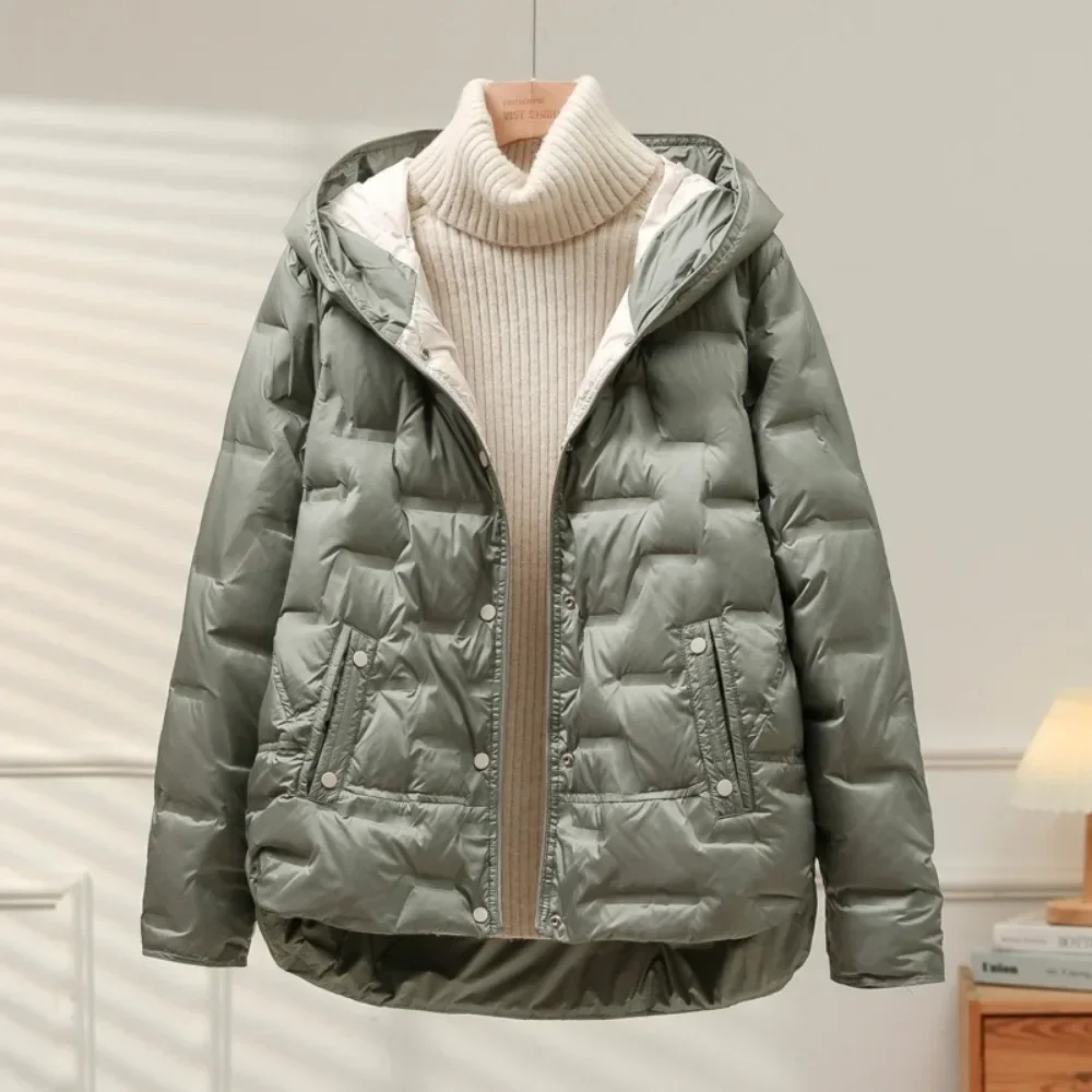 White Duck Down Coat 2024 New Hooded Single Breasted Jacket Fashion Light Puffer Parka Outwear  Autumn Winter Women Casual