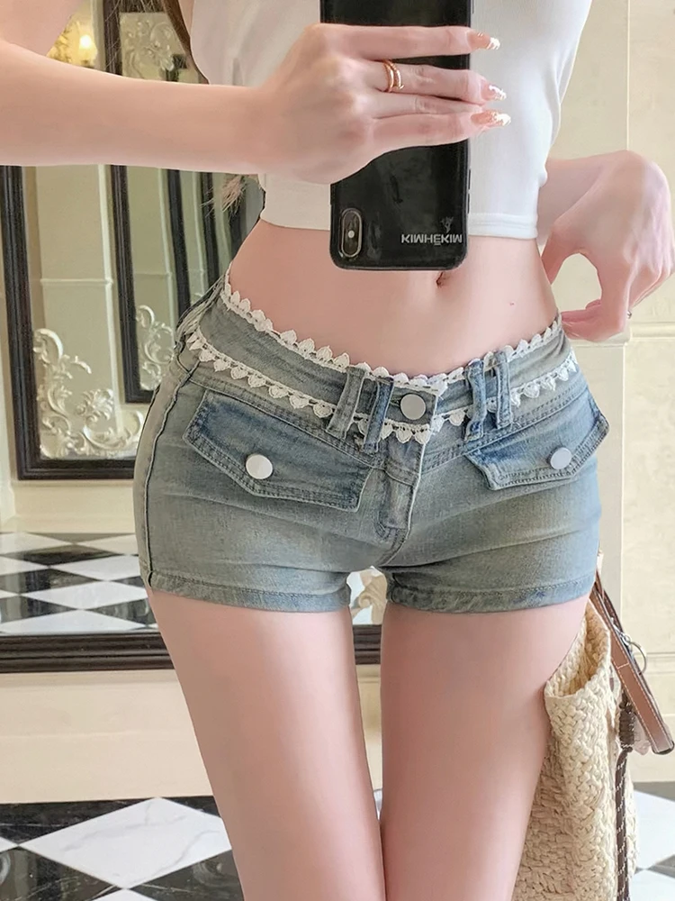 Low Waist Lace Splice Women's Denim Shorts Butt Enhancing Tight Fit Summer New Style Worn Resistant Chinese Made Ladies Jeans