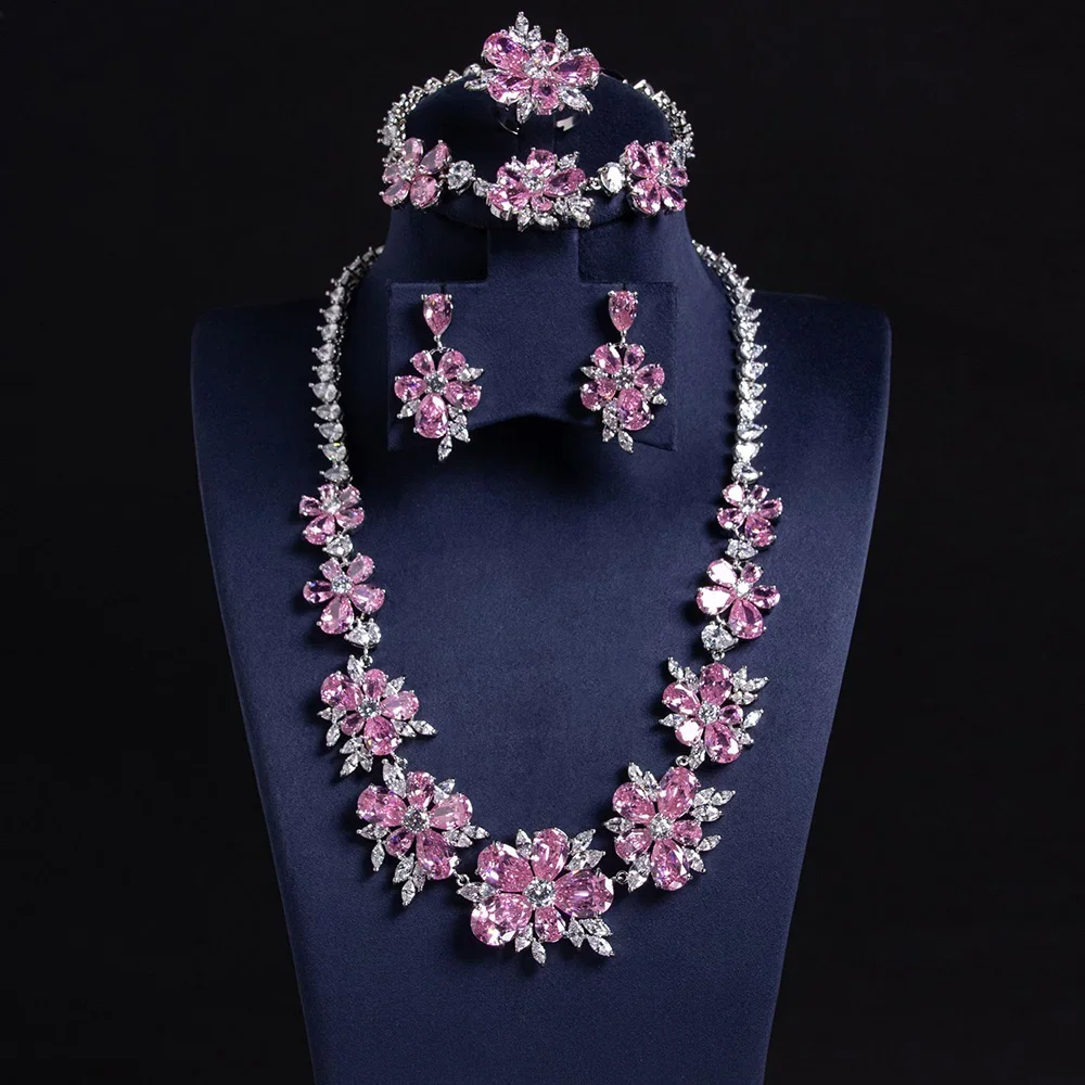 4pcs Luxury Bridal Wedding Necklace Earrings Bracelet Ring Flower Zircon Jewelry Set for Women Bride Party Prom Accessories