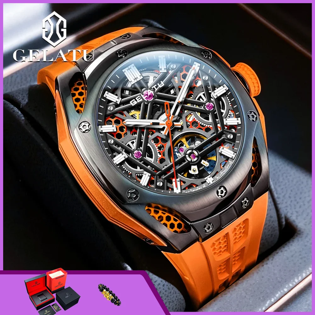 

GELATU 6008 Hollowed Automatic Man Watch Luxury Brand Original Fashion Silicone Strap Waterproof Luminous Sport Mechanical Watch