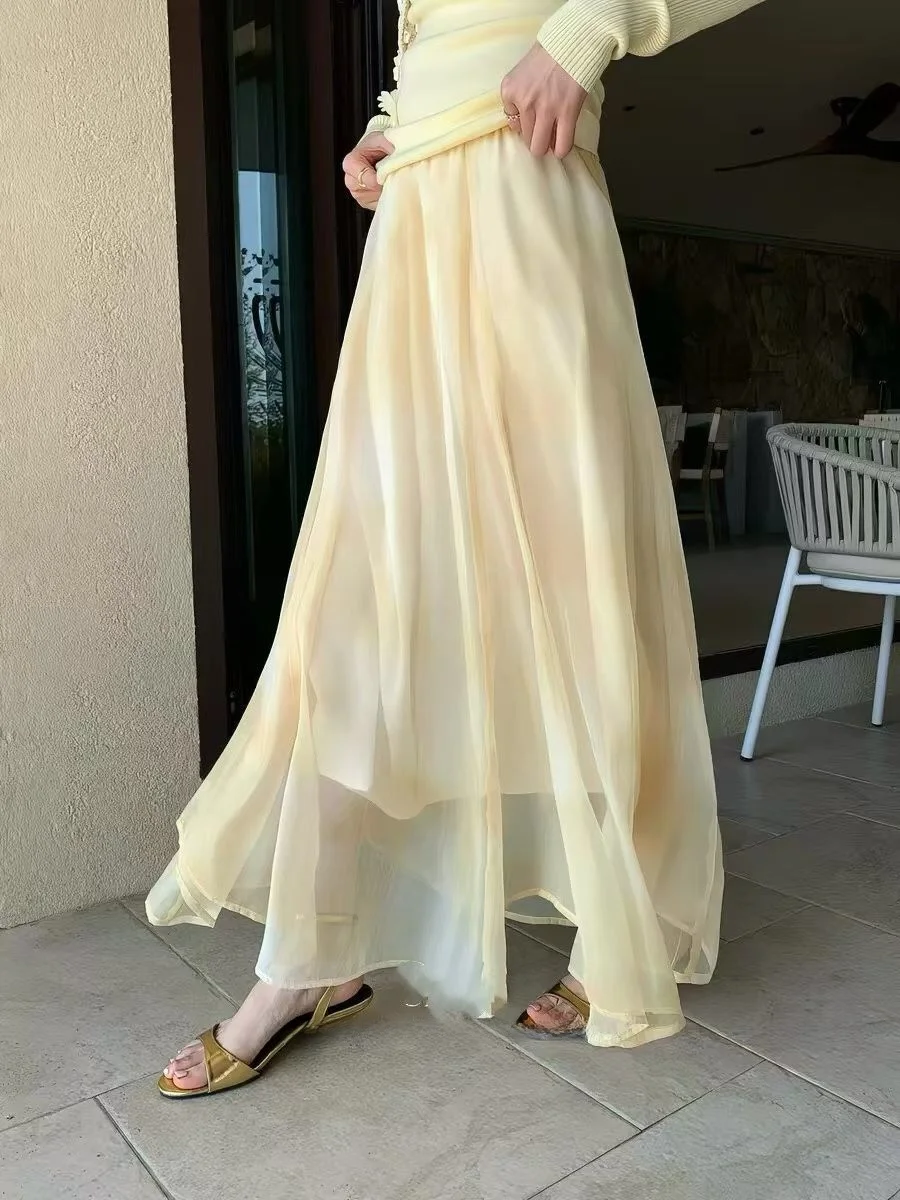 

Summer Thin Yellow Atmosphere Romantic Half Skirt Wide Hemline Vacation Print Fairy Long Skirt Women's High Waist A-Line Skirt