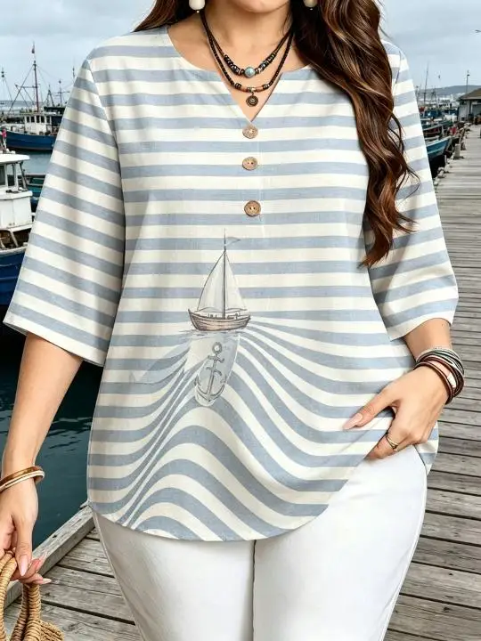 Nautical Striped Plus Size Blouses Notch Split V Neck Wooden Buttons Three Quarter Sleeve Loose Coastal Tops For Curvy Women