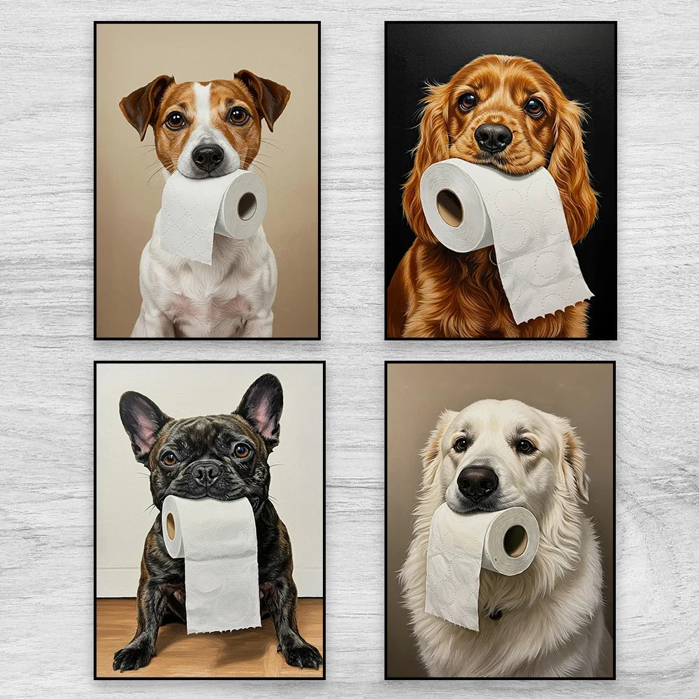 Funny Animal Dog Bathroom Wall Art Poster English Cocker Spaniel with Toilet Paper Roll Prints Diamond Painting Toilet Decor