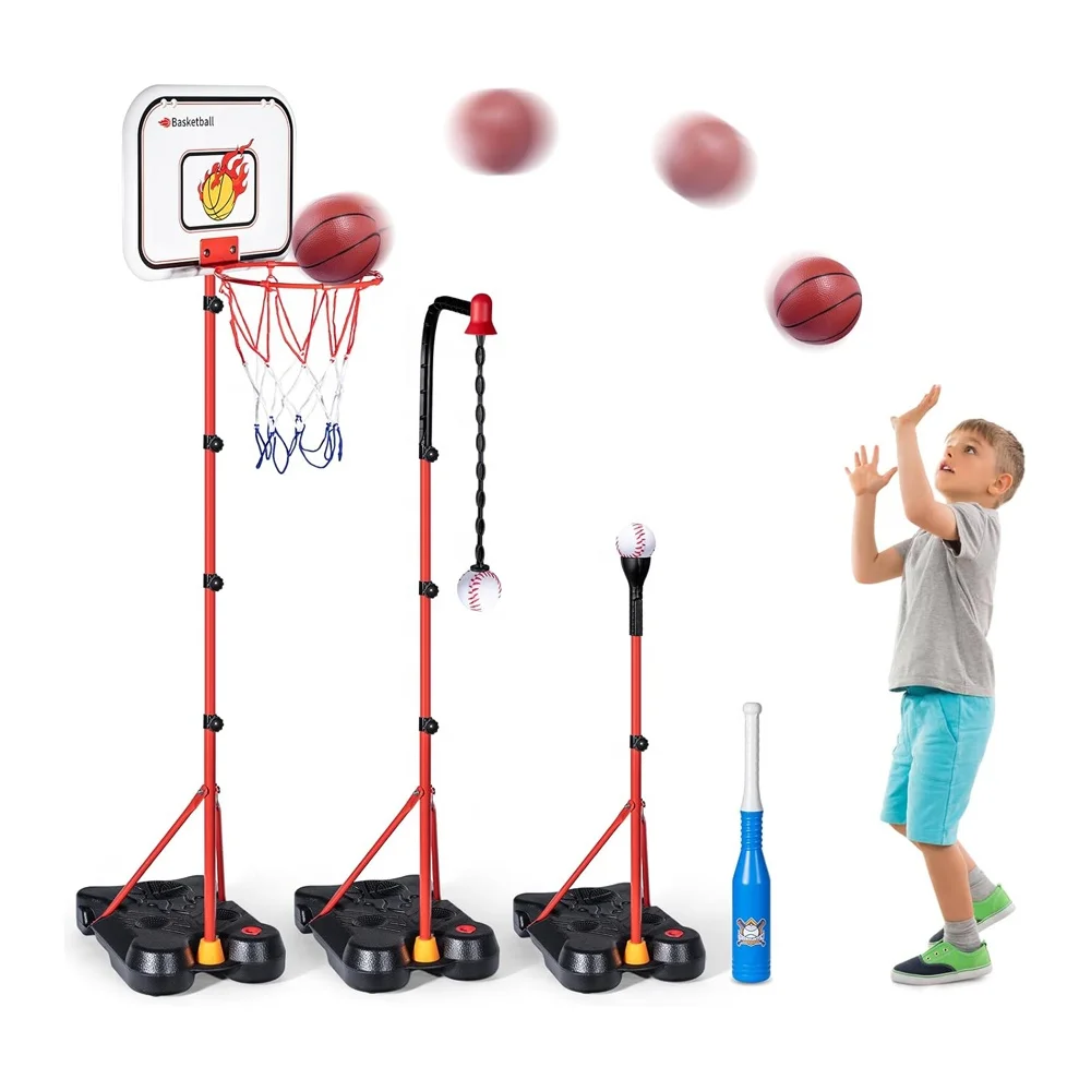 

4 in 1 Kids Basketball Hoop Hanging Tee Baseball Set Adjustable Height Basketball Stand for Outdoor Indoor Pool Sport