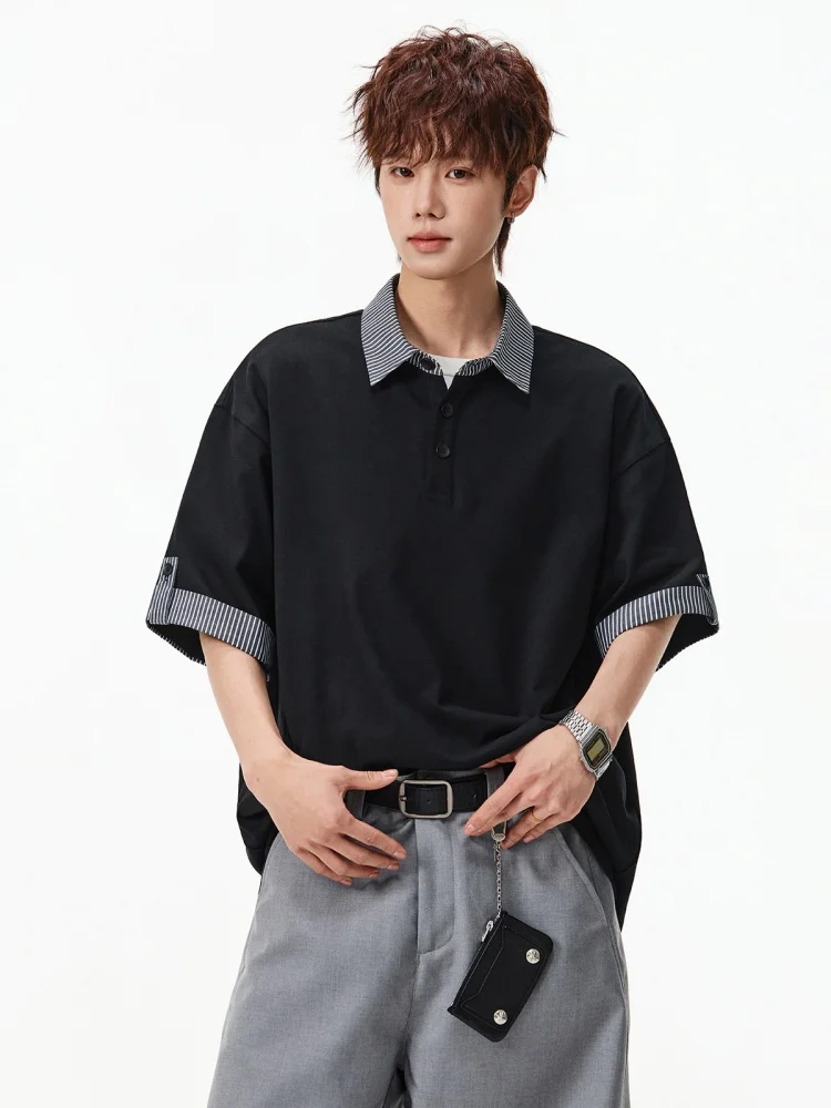 

Men's Striped Two-Piece Polo Shirt with Contrast Cuffs and Rolled Sleeves Comfortable