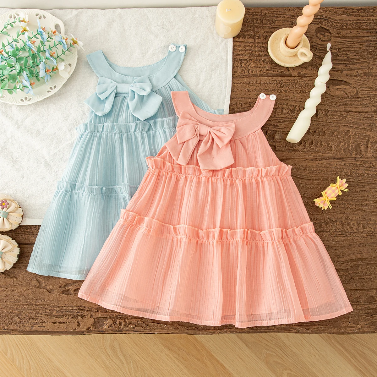 

Girls Dresses Summer Cotton Solid Color Bow Hanging Neck Sleeveless Baby Girl Dress Cartoon Casual Beach Baby Girl Clothing