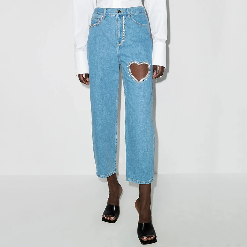 Woman's Hollow Out Set Auger Cotton Denim Light Blue Jeans Ankle-Length Pants Straight Wide Leg Pants