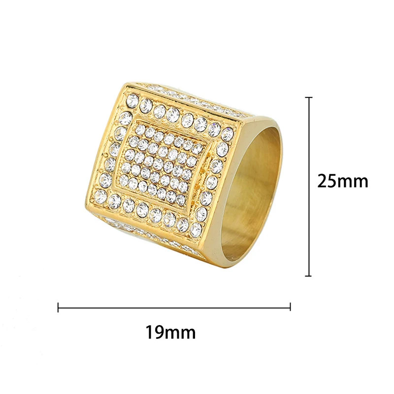 HIP HOP Bling Iced Out Gold Color Titanium Steel Geometric Square Rings for Men Rock Jewelry Drop Shipping