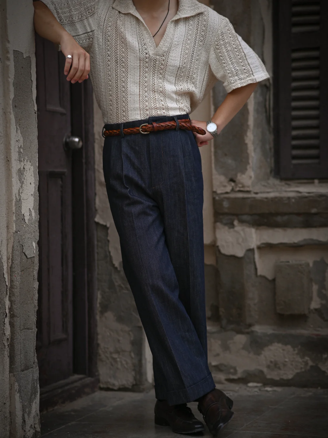 

Retro High Waist Pure Cotton Heavyweight Jeans Loose Straight Casual Trousers Youth Business Gentleman Style Wear