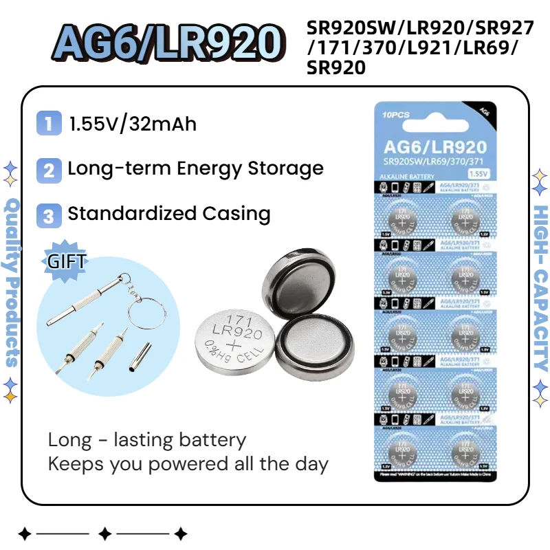top2-100PCS 1.55V AG6 LR920 SR920SW LR920 SR927 171 370 L921 LR69 SR920 Coin Cell Button Battery For Watch Toys Remote Calculato