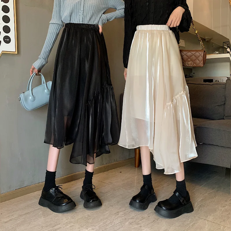 

Fashion Bright Pleated Skirt Women Korean New High Waist Elastic Loose Irregular Long Skirts Female