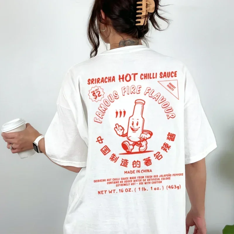 Hot Chilli Sauce Back Print T-shirts Vintage Women Cute Funny Food T Shirt Oversized Retro Streetwear Tees Tops Unisex Clothes