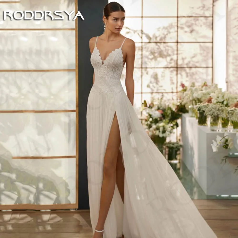 Roddrsya Spaghetti träger Brautkleid Abito da Sposa V-Ausschnitt Chiffon Split Brautkleider rücken freie Spitze Applikationen eine Linie Frauen Spaghetti-Träger Brautkleid  V-Ausschnitt Chiffon Split Brautkleider  Rück