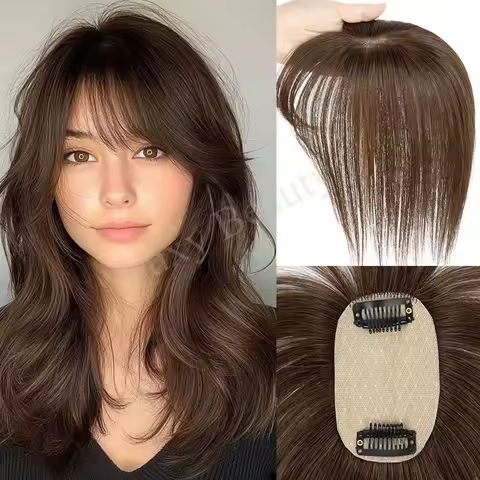 Brown Human Hair Topper With Bangs Women 5x9cm Natural Black Highlights Blonde Skin Scalp Clip in Topper Hair Pieces Human Hair