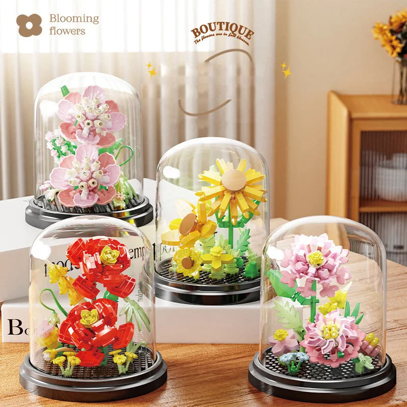 

Creative Plant Flower Micro Diamond Block Sunflower Peach Blossom Rose Nanobrick Building Brick Toy Display Stand For Gifts