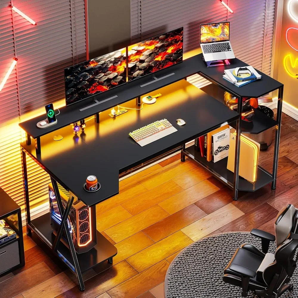 مكتب ألعاب مقاس 55 بوصة مزود بمصابيح LED وأرفف تخزين، ومكتب كمبيوتر مع حامل شاشة، ومنافذ طاقة وحامل أكواب #3