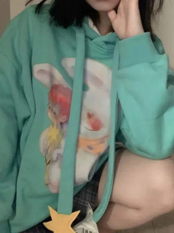 

Lake Blue Hoodie Student College Sle Cartoon Star Rabbit Hat Sweatirt Japanese Retro Design Personalized Cotton Long Sve