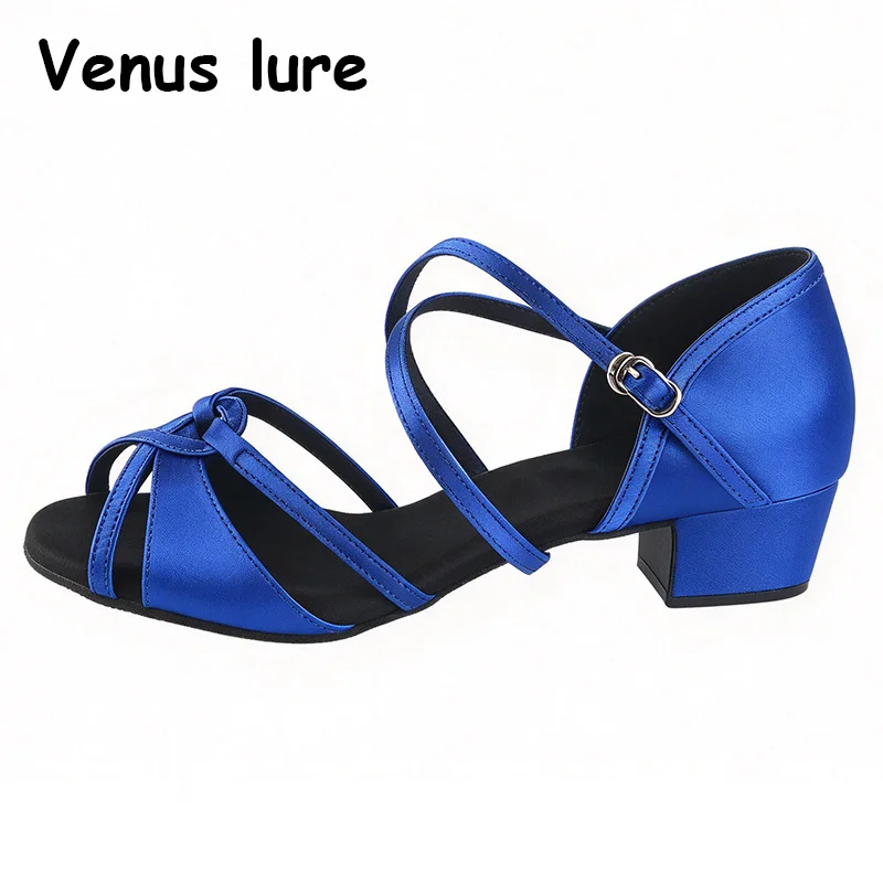 New Satin Royal Blue Latin Dance Sandals Woman 3.5CM Low Heel Dance Shoes Suede Sole Ladies Indoor Girls Dancing Shoes Wholesale