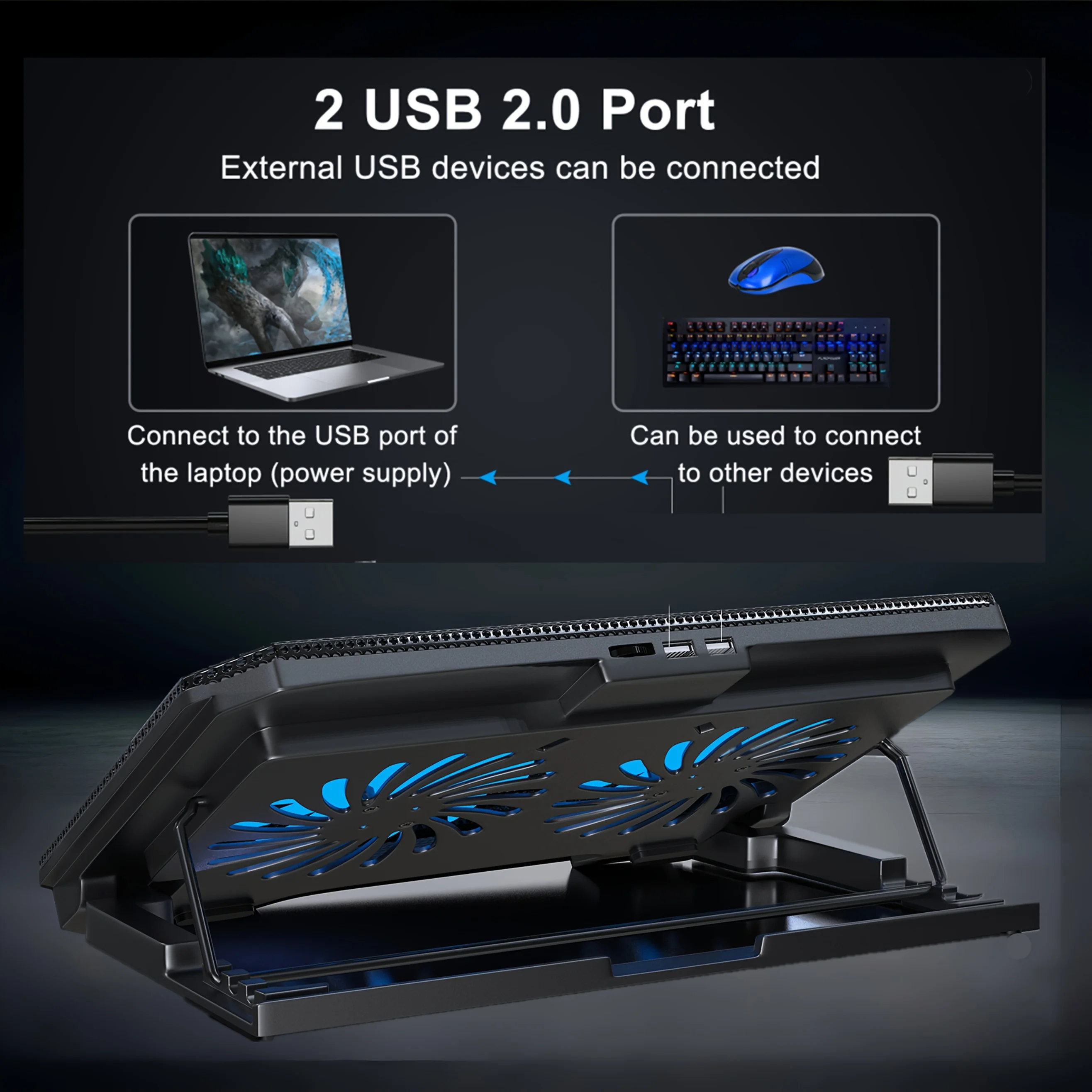 USB-Gaming-Laptop-Kühlpad mit verstellbarer Halterung – blaues LED-Lüfterdisplay, kompatibel mit 11-17-Zoll-Laptops, langlebige Struktur, geeignet für Hochleistungsspiele und mehrere Aufgaben, Notebook-Kühler, mehrfach verantwortliches Zubehör, robuste Struktur, ferngesteuertes Personal