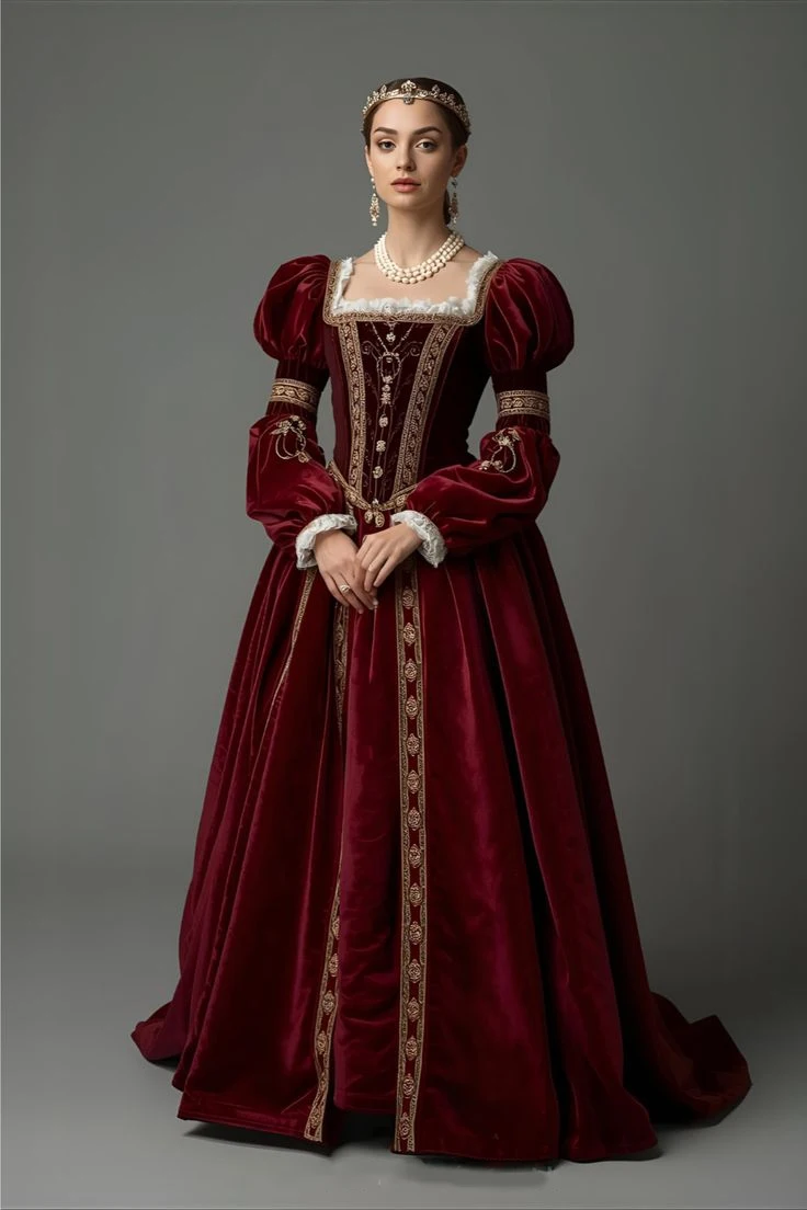 Tudor Renaissance Königliches Hofkleid Historisches Elizabethanisches Rotes Ballkleid Viktorianisches Renaissance-Abendkleid mit Stickerei