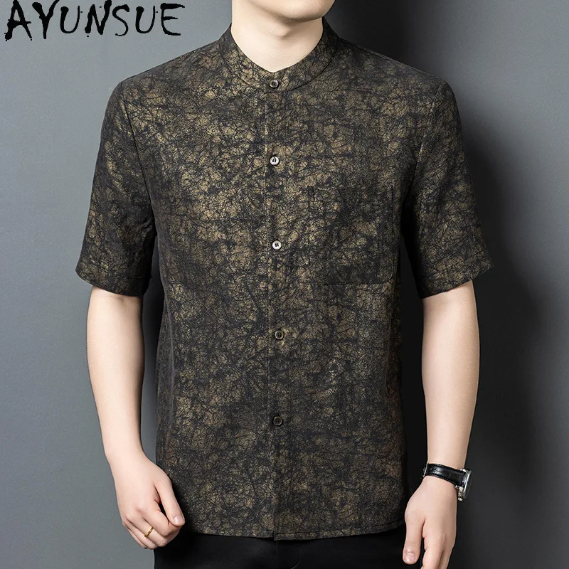 AYUNSUE 100% Real Mulberry Silk Shirts for Man Summer Top 2026 High Quality Short Sleeve Shirts Fashion Men's Shirts Ropa Hombre