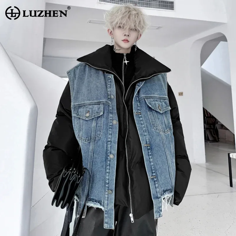 LUZHEN Two Piece Sets Cowboy Vest Men's Casual Youth Stylish Warm Padded Jackets Original Designer New Thick Winter Coats LZ7685