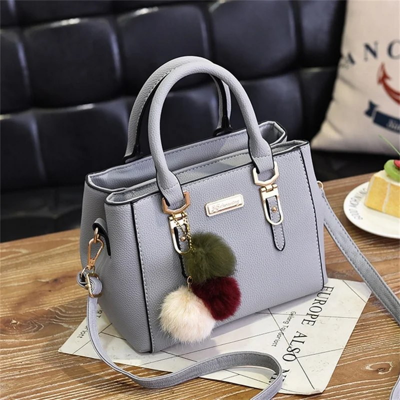 1PC Black Women Handbag Large Capacity PU Leather Lady Shoulder Bag Messenger Bag With Hairball Travel Bag Fashion High Quality