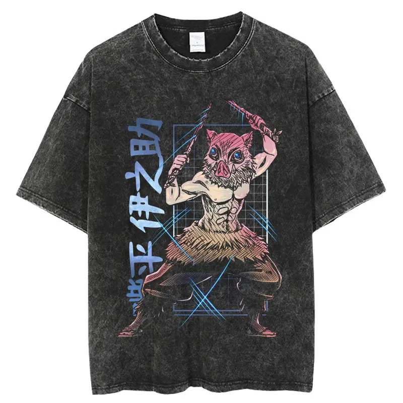 Camisetas Nezuko Vintage Lavadas, Camiseta de Anime Kimetsu No Yaiba, Camiseta Oversize de Manga Corta, Demon Slayer Mitsuri Tokitou, Tops para Hombre
