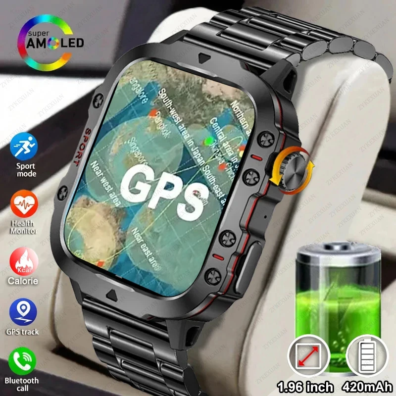 

GPS Track Rugged Military Smart Watch Men AMOLED HD Screen IP68 Waterproof Bluetooth Call SmartWatches For Android IOS 2024 New