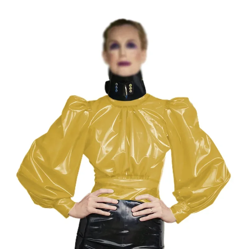 Sexy Clear PVC Tops See-through Folds Perspective T-Shirt Long Sleeve Puff Sleeve Blouse Transparency Tops Night Clubwear Party