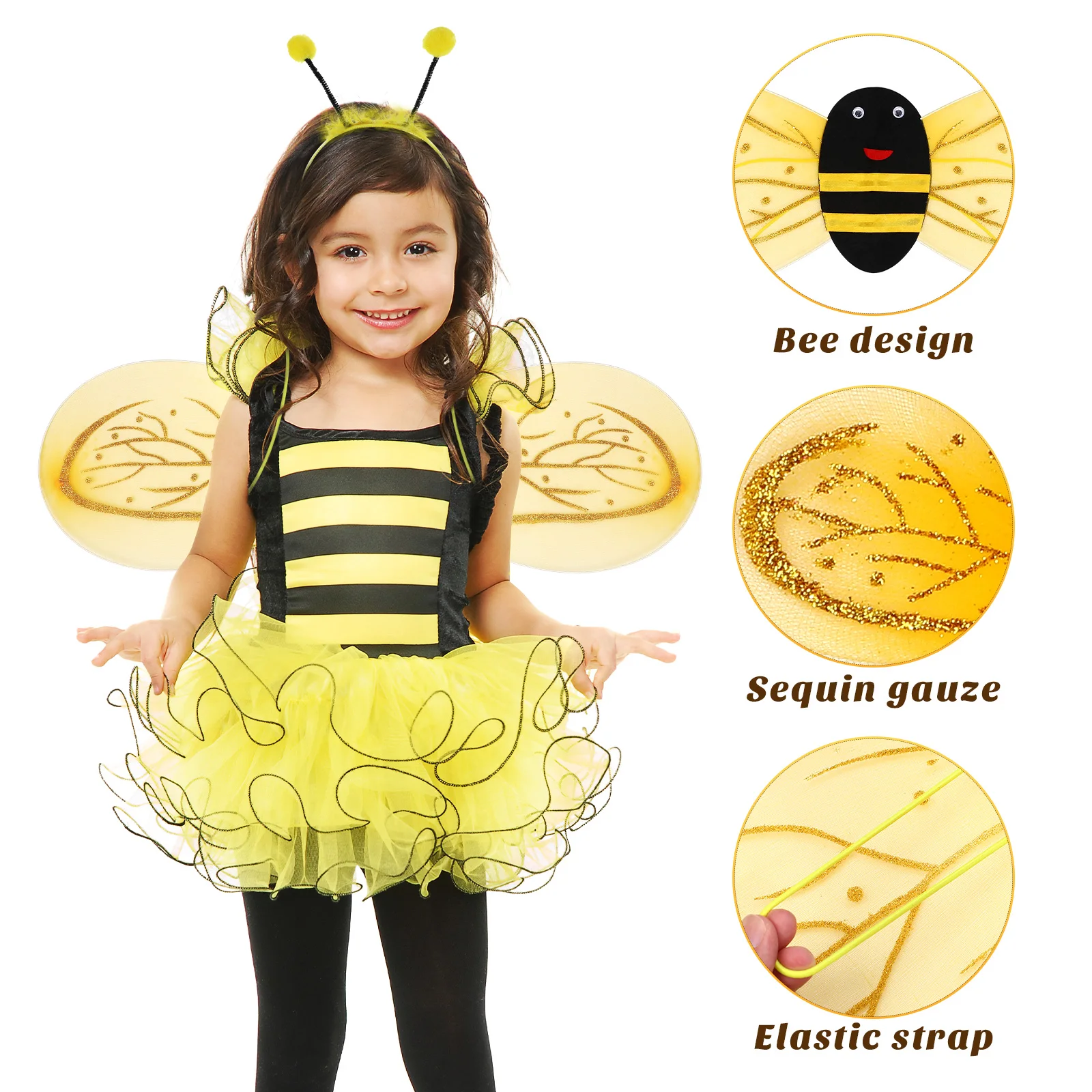 1 Set Kids Bee Princess Fairy Costume Set Halloween Costume Ears Headband Bee Wings Performance Cosplay Prop Girls Dress Up