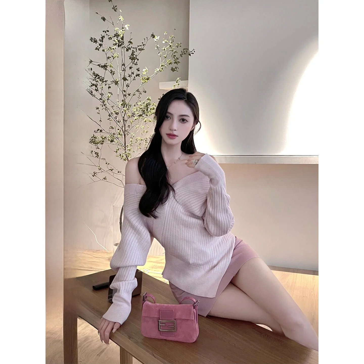 

Soft Pink Knitted oulder Bared Women's Top Gentle Lobone Kill Sle Autumn Pure Desire Knitted Sweater Fem Faion