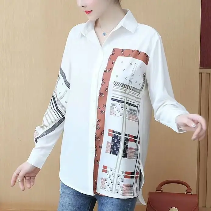 Primavera 2023 coreano Sle suelto impreso largo Sve mujer irt versátil adelgazante blanco Casual cuello de viaje abotonada