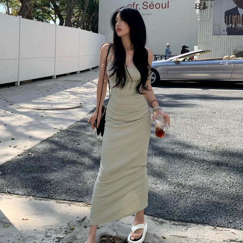 

Women Backless Spaghetti Strap Split Solid Casual Summer Sheath Long Dress