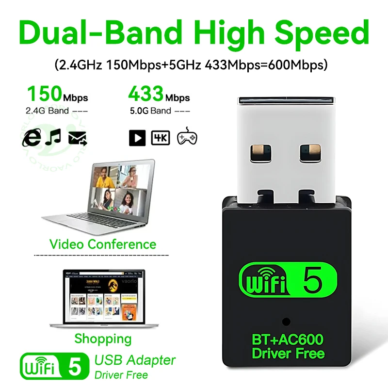 2 IN 1 USB WiFi 블루투스 어댑터 600Mbps 2.4G/5GHz 듀얼 밴드 Wi-Fi 5 동글 고속 무선 네트워크 카드 수신기 노트북 PC