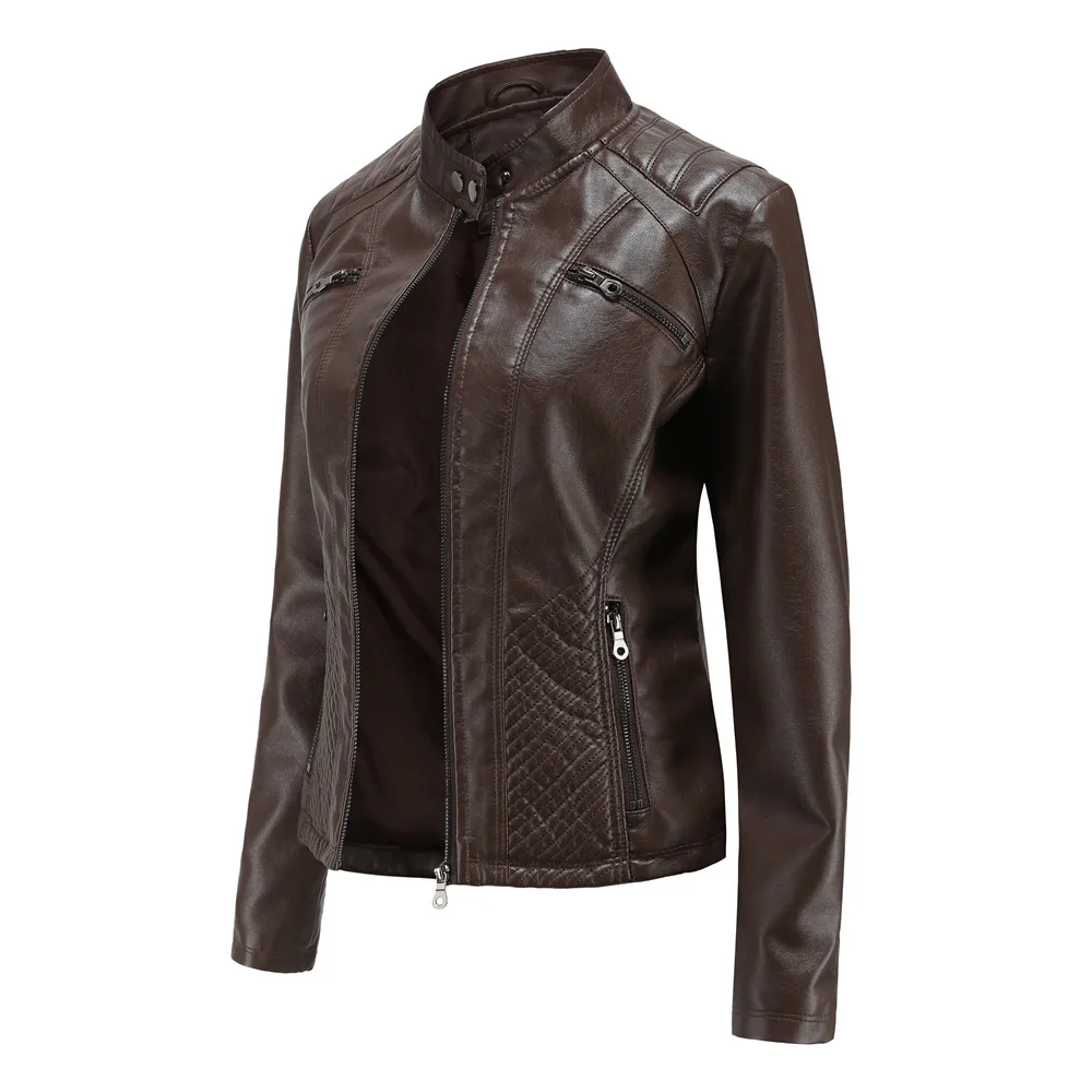 2024 new women\'s casual leather jacket standing collar slim solid color coat