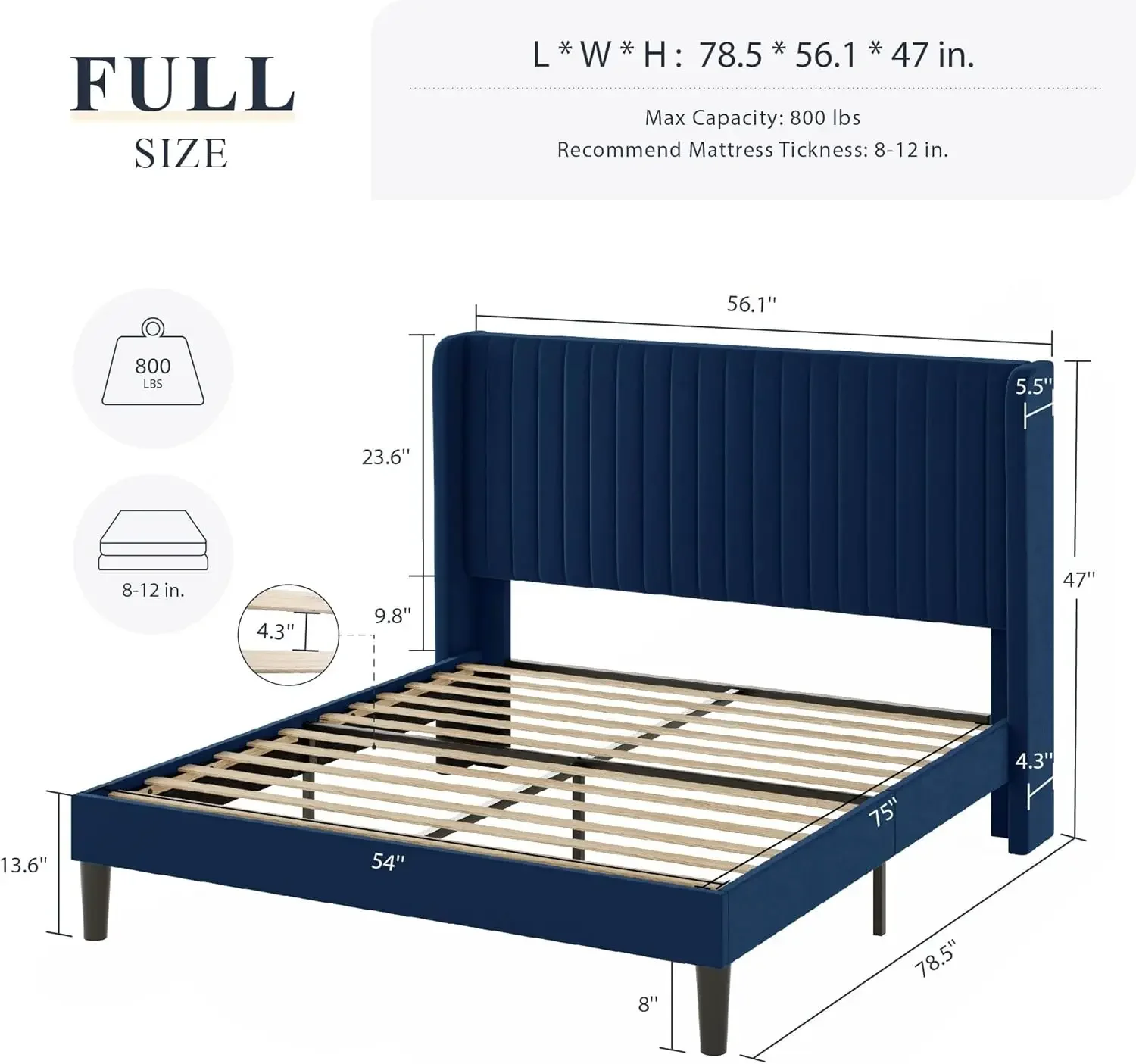 Full Size Velvet Bed Frame/Vertical Channel Tufted Wingback Headboard/Upholstered Platform Bed/Strong Wooden Slats, Blue