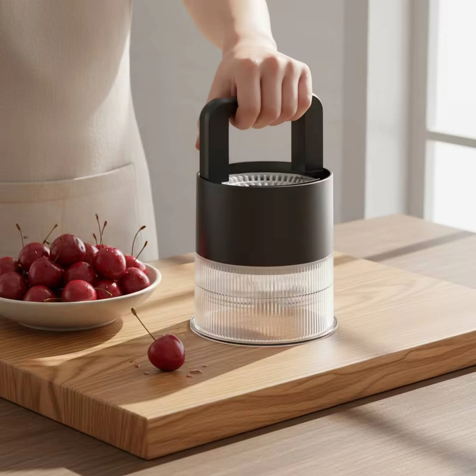 Cherry Pitter with Container Mess-Messless Press Style Cherry Pitter Stone Remover Easy Push Fruit Stoner Compact for Home Cooks