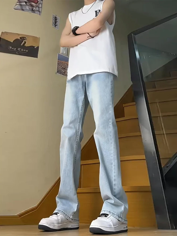 

Светло-голубые мужские летние тонкие джинсы прямого кроя с высокой талией, моделирующие фигуру, повседневные, удобные