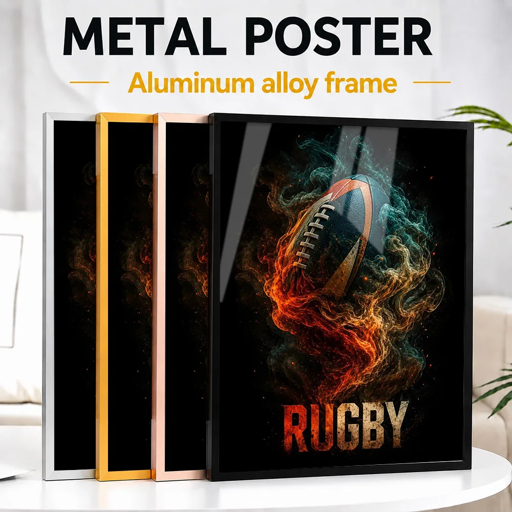 Fiery Rugby Ball Framed Metal Poster Personalized Photo Vibrant Color Style Wall Art For Living Room Thoughtful Supporter Gift