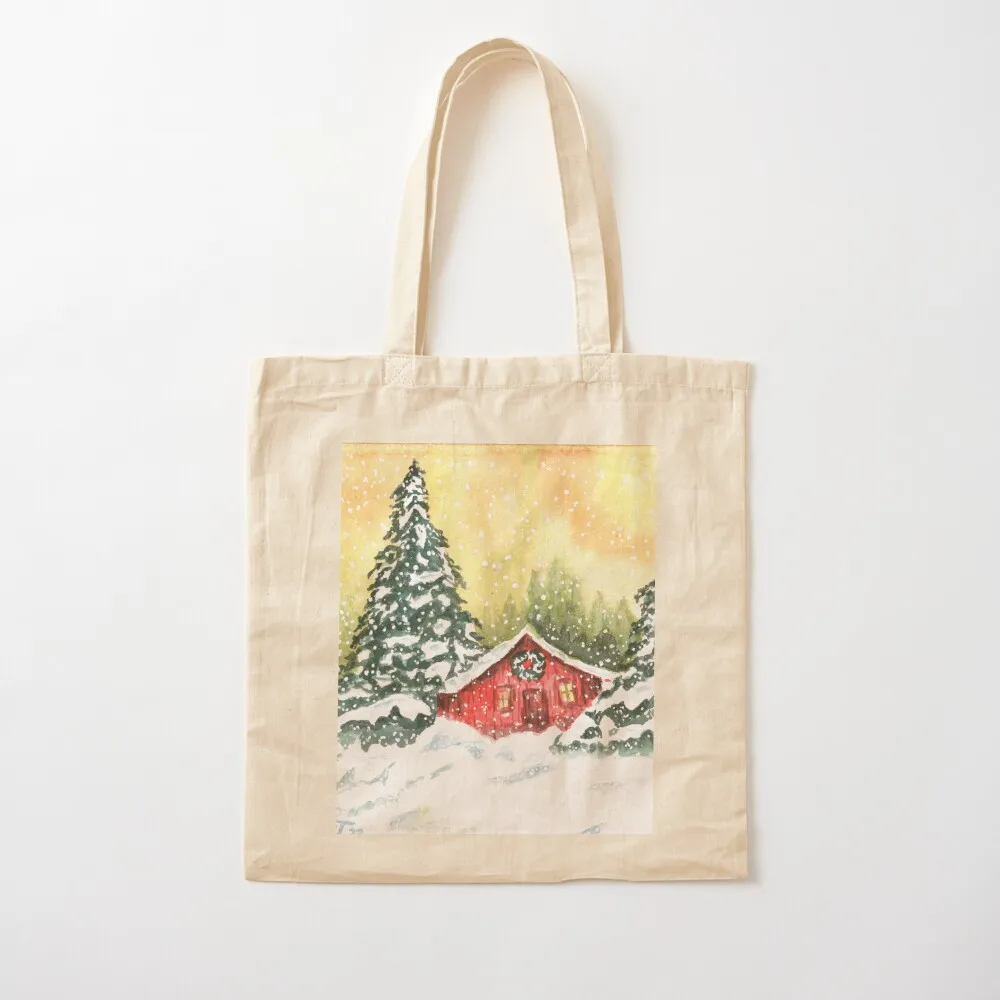 Cottage Winter Scene with Wreath Tote Bag large size bags cute pouch bag Shopper bag Canvas Tote