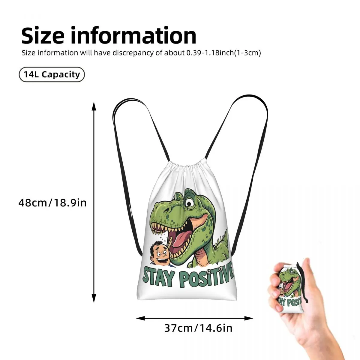 Stay Positive Funny T-Rex Dinosaur Sticker Drawstring Backpack hiking cycling Bag Lightweight Storage Drawstring Bag Men Women